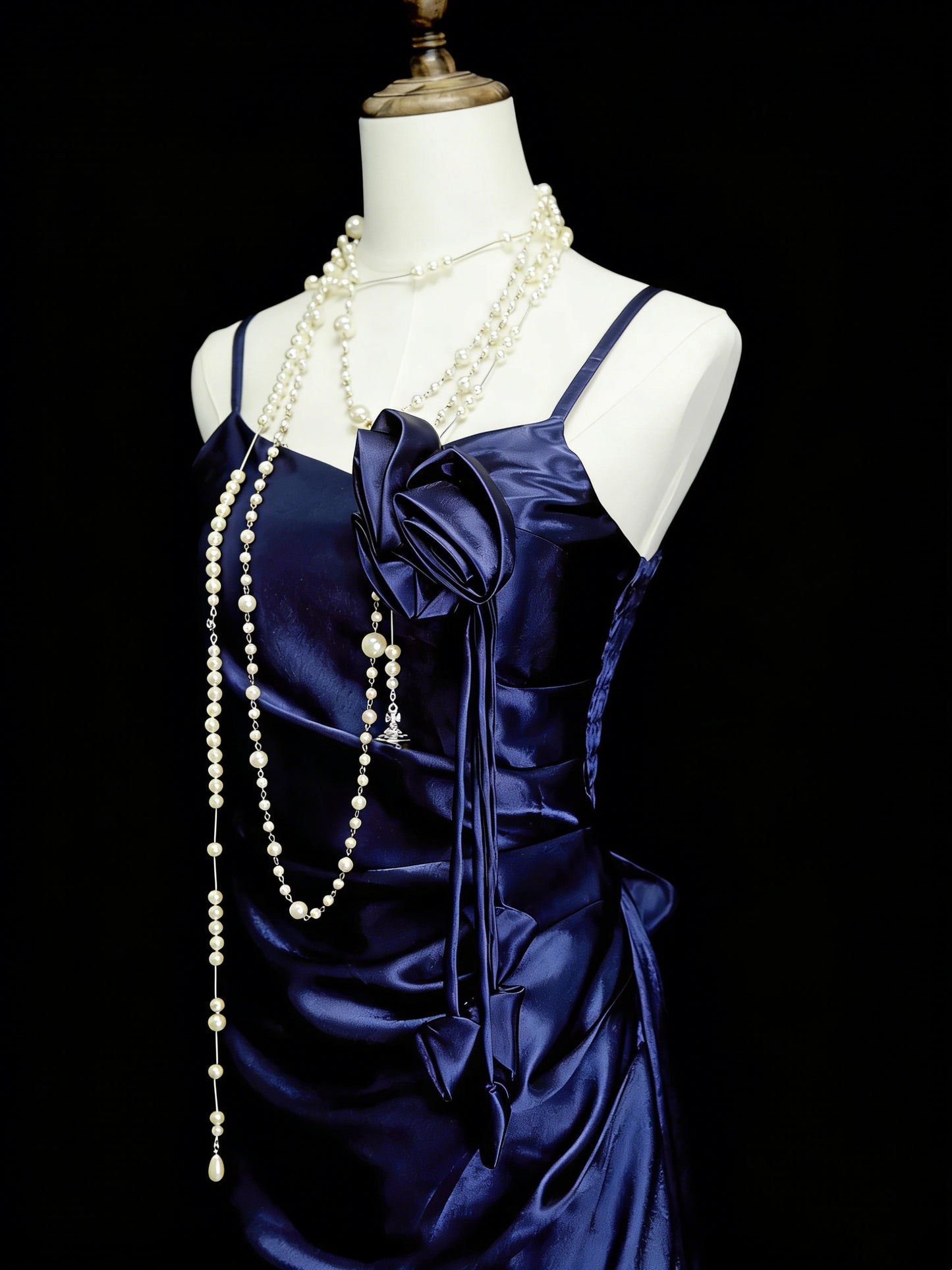Vintage Night Aesthetic A Line Spaghetti Straps 80s 70s Navy Blue Teens College Formal Outfit Long Prom Graduation Dresses N1143