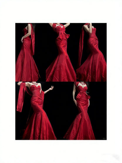 Elegant Mermaid Sweetheart Red Satin With Beadings Ruched Floor Length Inspiration Long Prom Dresses N1197