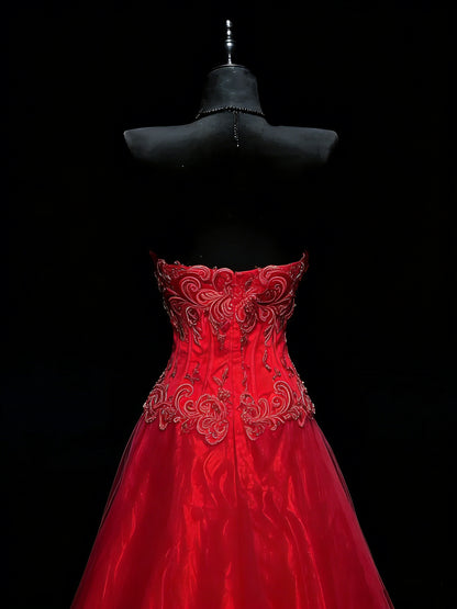 Elegant Ball Gown Sweetheart Red Tulle With Cape Beadings Floor Length Inspiration Long Prom Dresses N1196