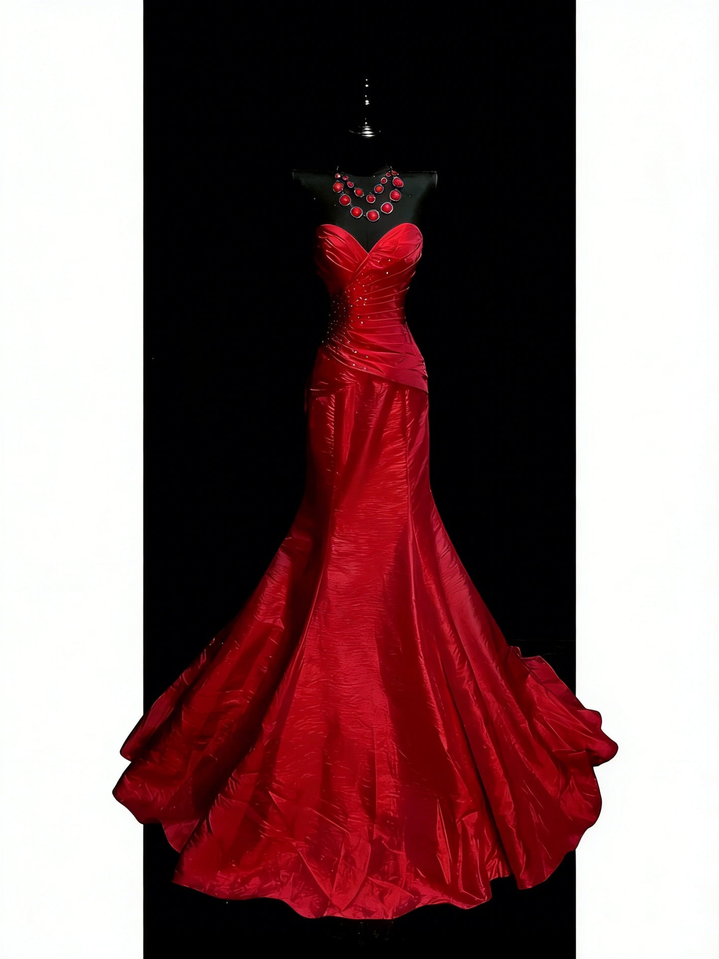 Elegant Mermaid Sweetheart Red Satin With Beadings Ruched Floor Length Inspiration Long Prom Dresses N1197