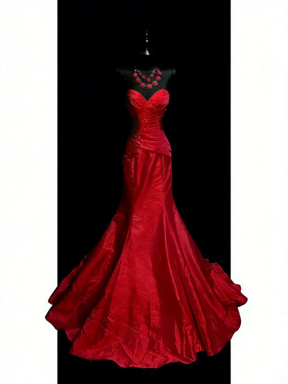 Elegant Mermaid Sweetheart Red Satin With Beadings Ruched Floor Length Inspiration Long Prom Dresses N1197