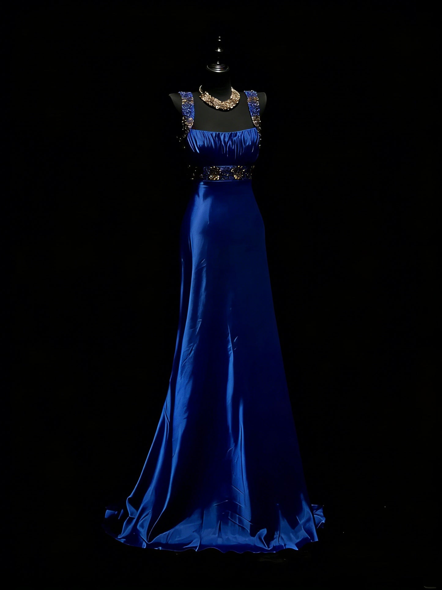 Modest A line Square Neck Royal Blue Satin With Beaded Bodice College Formal Outfit Long Prom Graduation Dresses For Teens N1198