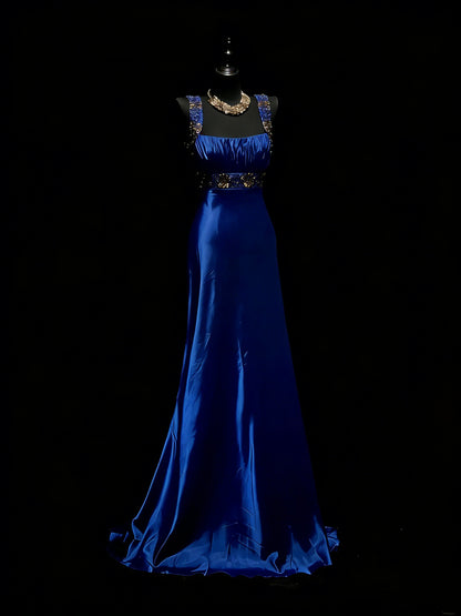 Modest A line Square Neck Royal Blue Satin With Beaded Bodice College Formal Outfit Long Prom Graduation Dresses For Teens N1198