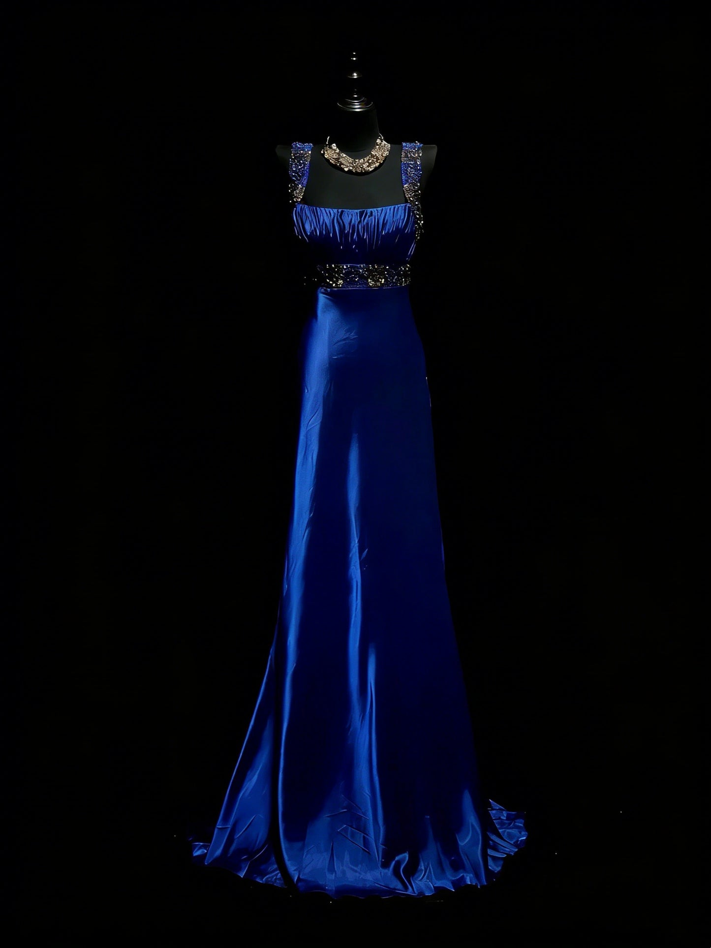 Modest A line Square Neck Royal Blue Satin With Beaded Bodice College Formal Outfit Long Prom Graduation Dresses For Teens N1198