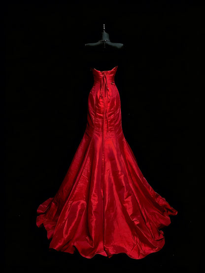 Elegant Mermaid Sweetheart Red Satin With Beadings Ruched Floor Length Inspiration Long Prom Dresses N1197
