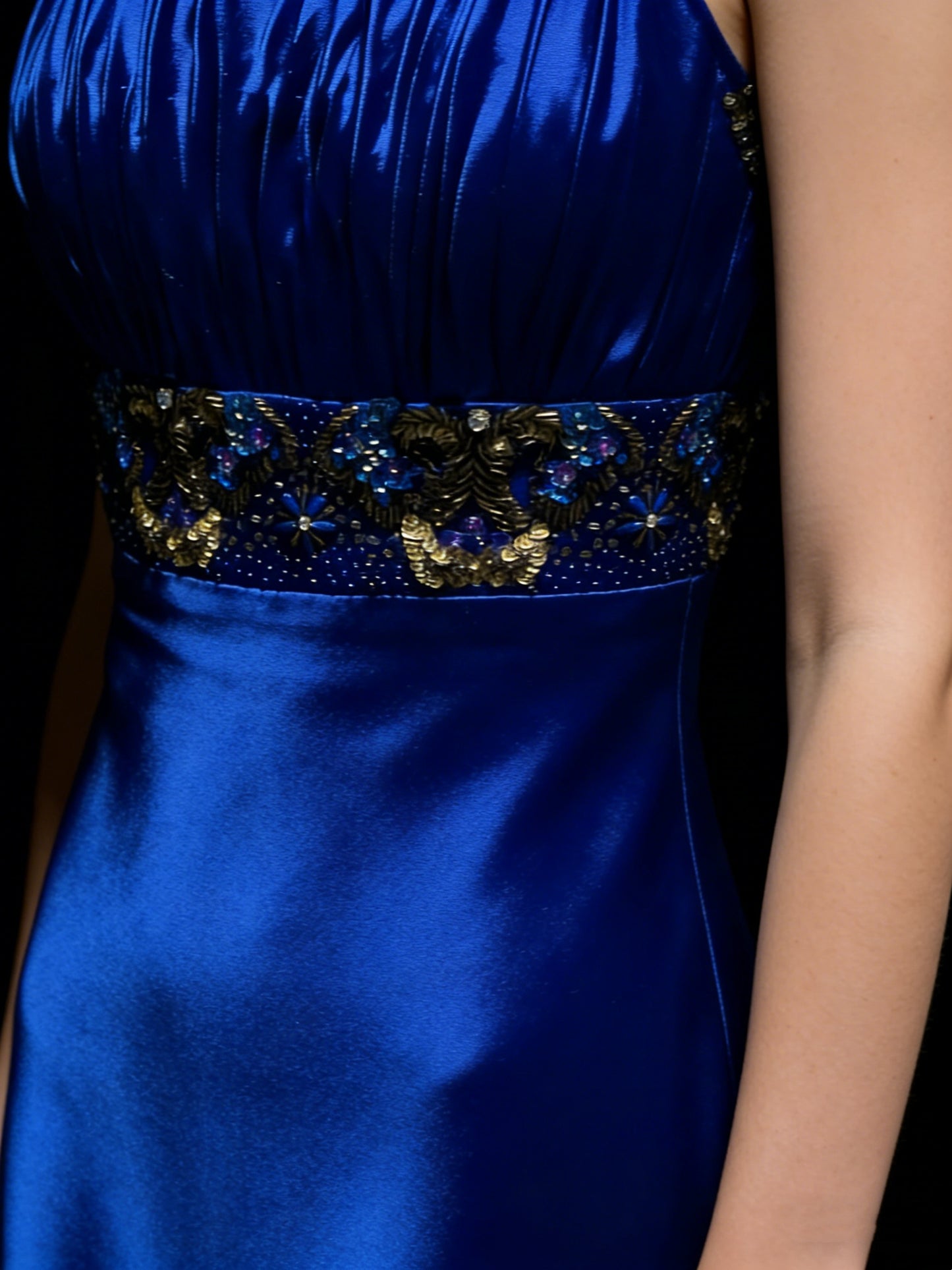 Modest A line Square Neck Royal Blue Satin With Beaded Bodice College Formal Outfit Long Prom Graduation Dresses For Teens N1198