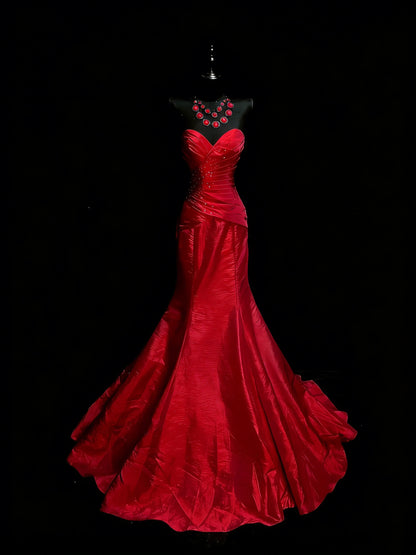 Elegant Mermaid Sweetheart Red Satin With Beadings Ruched Floor Length Inspiration Long Prom Dresses N1197