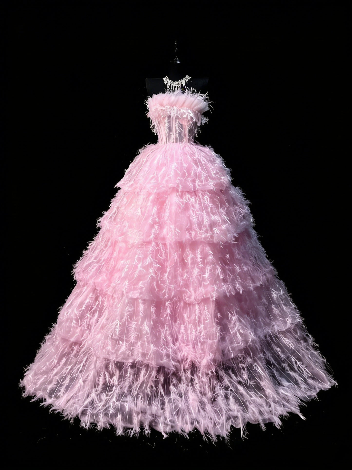 Ball Gown Strapless Tulle Pink Sleeveless With Feathers Women's Long Quinceanera Dresses Sweet 16 Quince Dress N1199