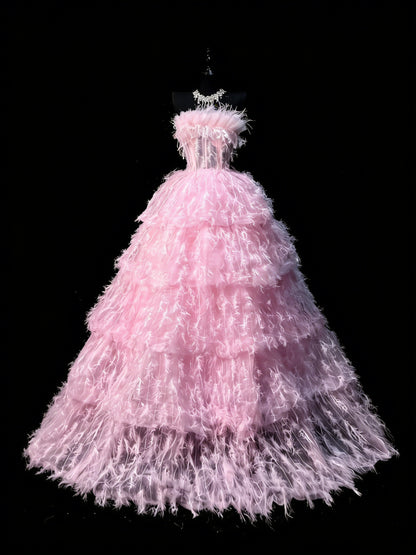 Ball Gown Strapless Tulle Pink Sleeveless With Feathers Women's Long Quinceanera Dresses Sweet 16 Quince Dress N1199