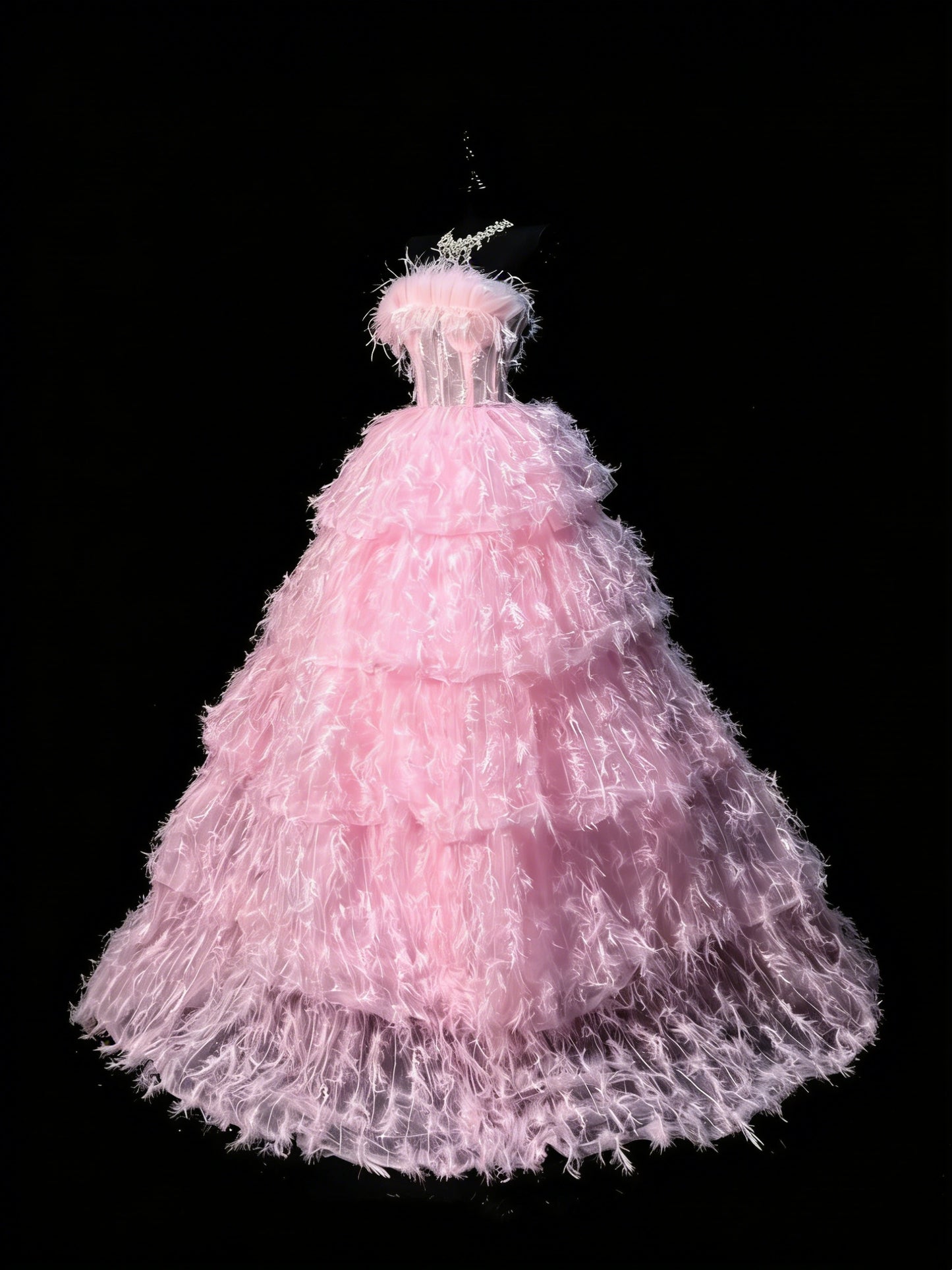 Ball Gown Strapless Tulle Pink Sleeveless With Feathers Women's Long Quinceanera Dresses Sweet 16 Quince Dress N1199