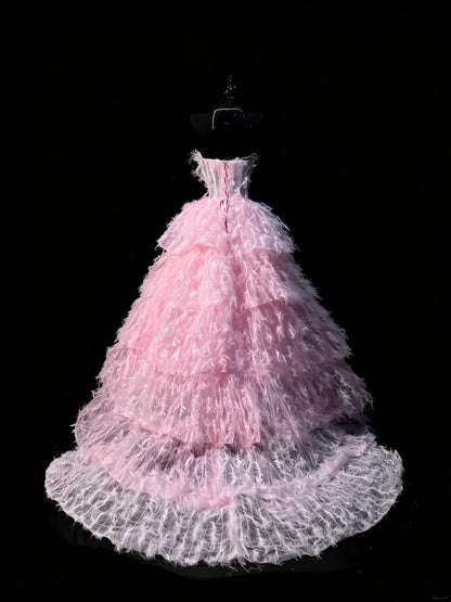 Ball Gown Strapless Tulle Pink Sleeveless With Feathers Women's Long Quinceanera Dresses Sweet 16 Quince Dress N1199