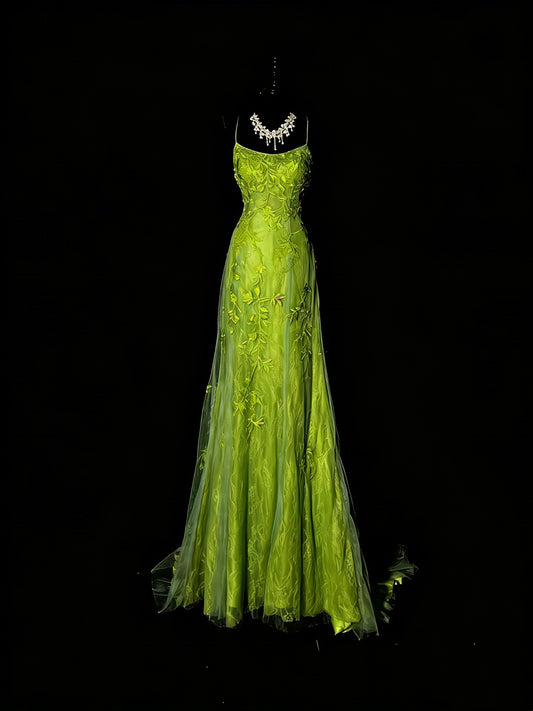 Stunning Mermaid Spaghetti Straps Green Tulle Lace Long Prom Dresses Evening Outfits Formal Dress N989