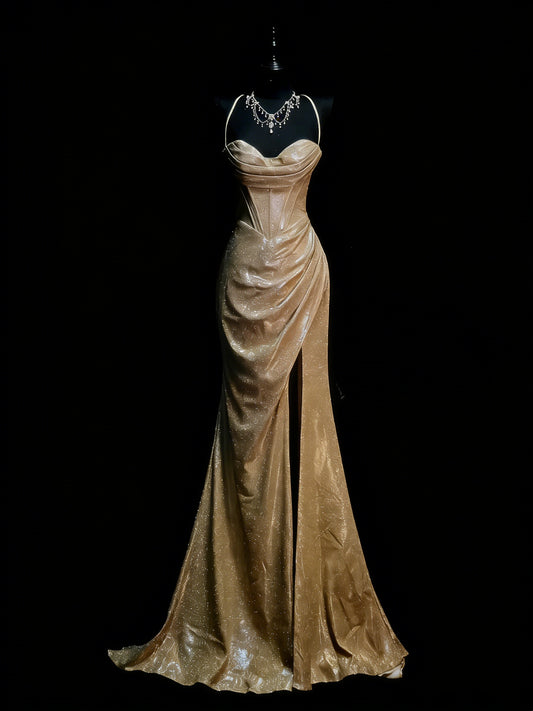 Modest Mermaid Spaghetti Straps Gold Sequin College Formal Outfit Long Prom Graduation Dresses For Teens N1180