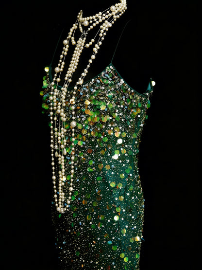 Vintage Mermaid Spaghetti Straps Green Sequin With Beads Bodice College Formal Outfit Long Prom Graduation Dresses For Teens N1305