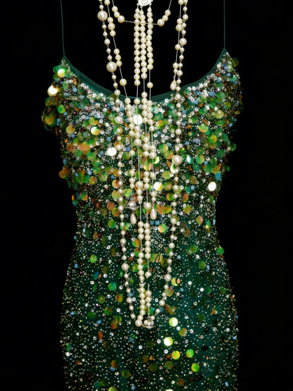 Vintage Mermaid Spaghetti Straps Green Sequin With Beads Bodice College Formal Outfit Long Prom Graduation Dresses For Teens N1305