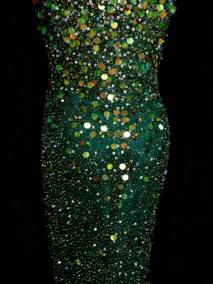 Vintage Mermaid Spaghetti Straps Green Sequin With Beads Bodice College Formal Outfit Long Prom Graduation Dresses For Teens N1305