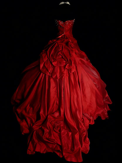 Modest Ball Gown Strapless Red Satin 80s Long Prom Dresses Inspiration Party Gowns Vintage Sweet 16 Dress N1306