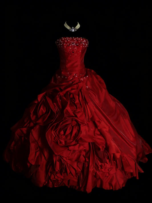 Modest Ball Gown Strapless Red Satin 80s Long Prom Dresses Inspiration Party Gowns Vintage Sweet 16 Dress N1306