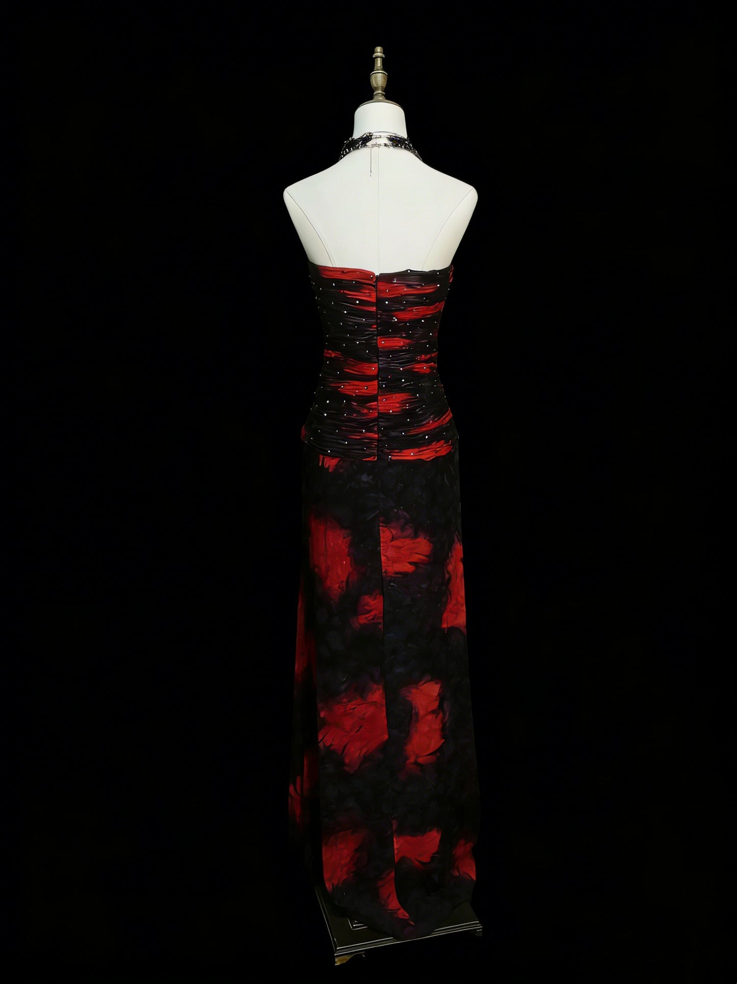 Modest Mermaid Sweetheart Black Red Floral Chiffon Beaded Senior 80s Prom Dresses High School Long Formal Dress N1338