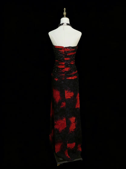 Modest Mermaid Sweetheart Black Red Floral Chiffon Beaded Senior 80s Prom Dresses High School Long Formal Dress N1338