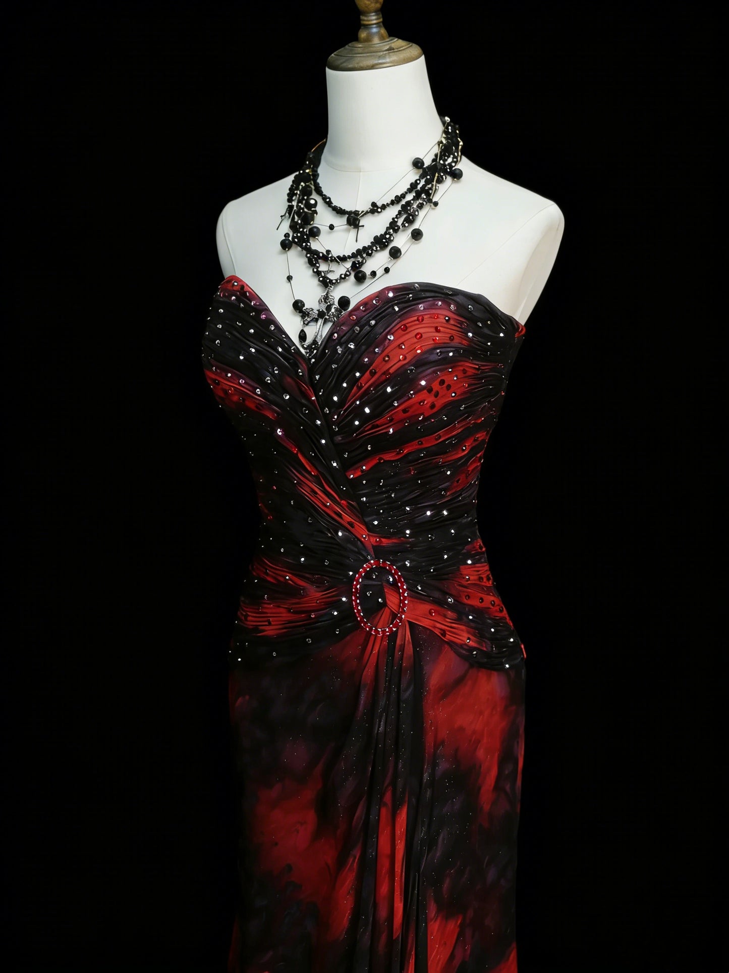 Modest Mermaid Sweetheart Black Red Floral Chiffon Beaded Senior 80s Prom Dresses High School Long Formal Dress N1338
