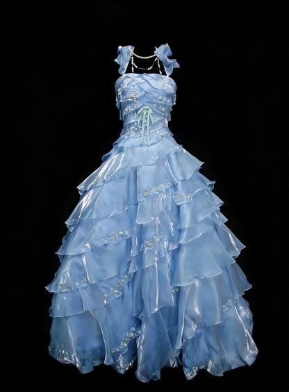 Vintage Prom Dresses Aesthetic Ball Gown Square Light Sky Blue Long Inspo Formal Party Gowns N1828