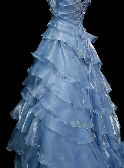 Vintage Prom Dresses Aesthetic Ball Gown Square Light Sky Blue Long Inspo Formal Party Gowns N1828