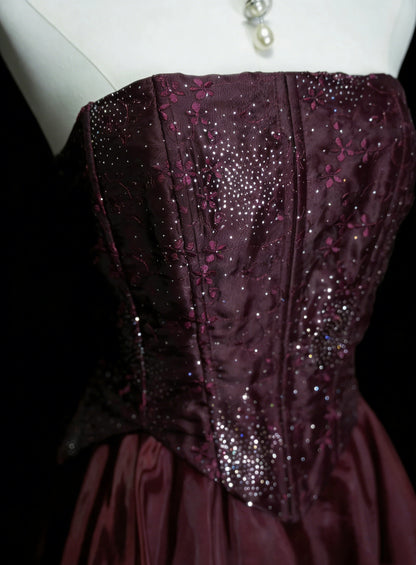 Vintage Prom Dresses Aesthetic 1950s Retro A line Strapless Burgundy Long Party Dress N2126