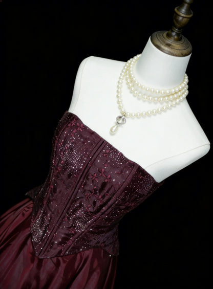 Vintage Prom Dresses Aesthetic 1950s Retro A line Strapless Burgundy Long Party Dress N2126