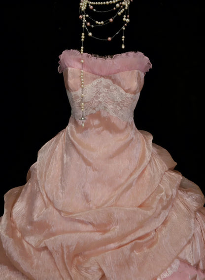 Cute Ball Gown Strapless Blush Pink With Ruffles Long Party Gowns Prom Dresses N2127