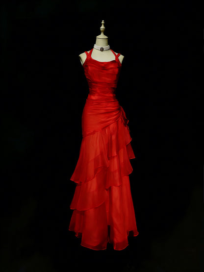 Modest Mermaid Straps Chiffon Red Long Prom Dresses New Long Evening Gowns Formal Dress N1417