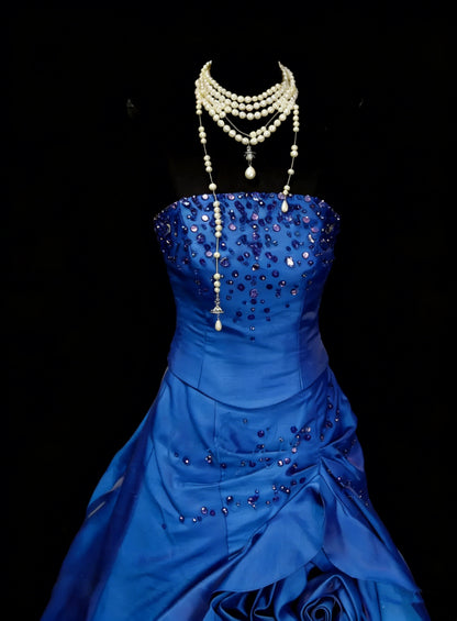 Vintage Ball Gown Strapless Royal Blue Satin With Ruffles 3D Flowers Sweet 16 Dresses Quinceanera Dress Long 15 Vestidos De Fiesta N1454