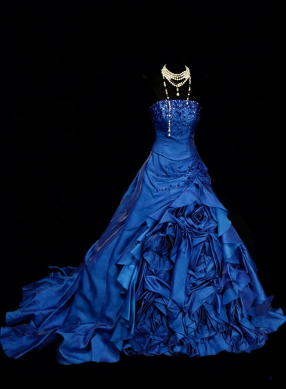 Vintage Ball Gown Strapless Royal Blue Satin With Ruffles 3D Flowers Sweet 16 Dresses Quinceanera Dress Long 15 Vestidos De Fiesta N1454