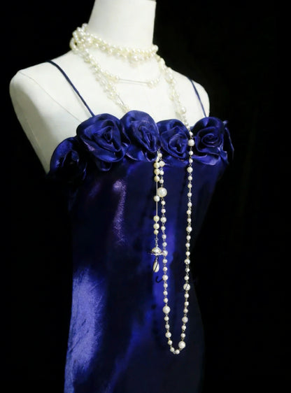 Vintage A Line Spaghetti Strap Royal Blue With 3D Flowers Sleeveless 80s Prom Dresses Long Formal Party Gown N1456