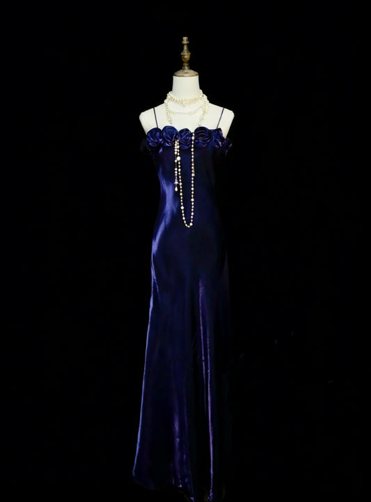 Vintage A Line Spaghetti Strap Royal Blue With 3D Flowers Sleeveless 80s Prom Dresses Long Formal Party Gown N1456