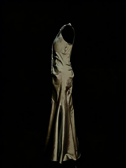 Vintage Prom Dresses Aesthetic Mermaid High Neck Olive Green Long Inspo Formal Party Gowns N1827