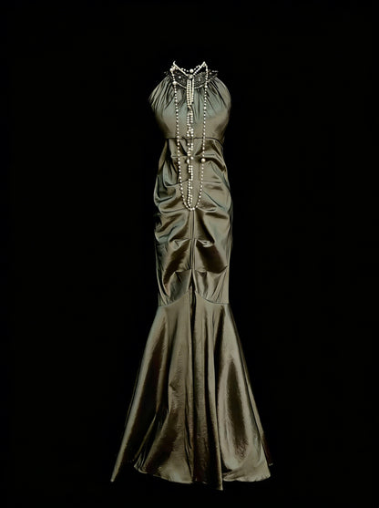 Vintage Prom Dresses Aesthetic Mermaid High Neck Olive Green Long Inspo Formal Party Gowns N1827