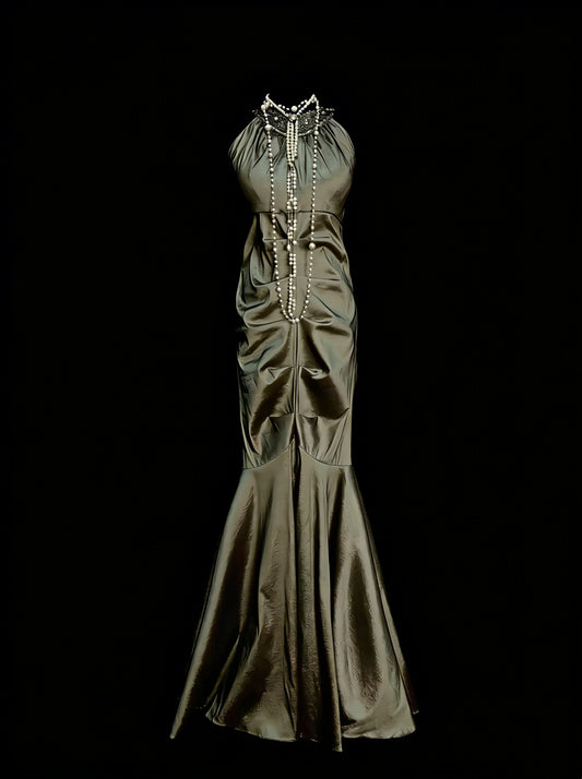 Vintage Prom Dresses Aesthetic Mermaid High Neck Olive Green Long Inspo Formal Party Gowns N1827