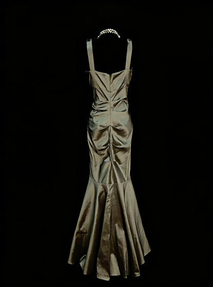 Vintage Prom Dresses Aesthetic Mermaid High Neck Olive Green Long Inspo Formal Party Gowns N1827