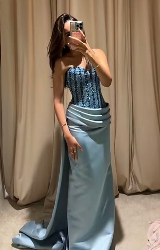Luxury Blue Formal Evening Dresses Modern Style Beaded Mermaid Pleat Prom Dresses For Women AB1452