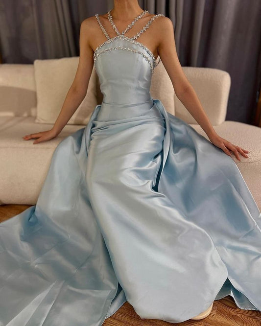 Elegant Baby Blue With Beaded Neck Mermaid Prom Dresses Evening Dress For Women AB1451