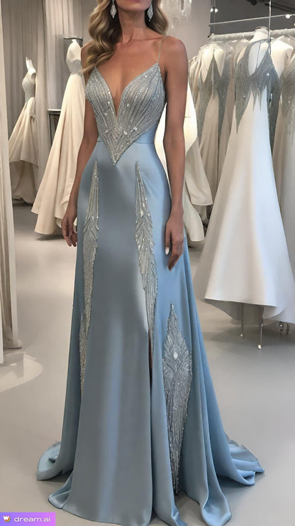 Mermaid / Trumpet Court Train Blue Beadings Prom Dresses Evening Gown Mermaid Formal Dress Elegant Celebrity Style For Women AB1454