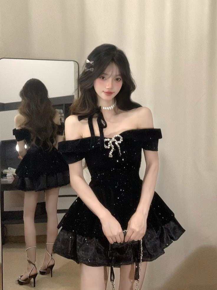 Cute Ball Gown Off The Shoulder Black Sequin Freshman High Shool Grad Short Mini Hoco Outfits Homecoming Dresses RB4413