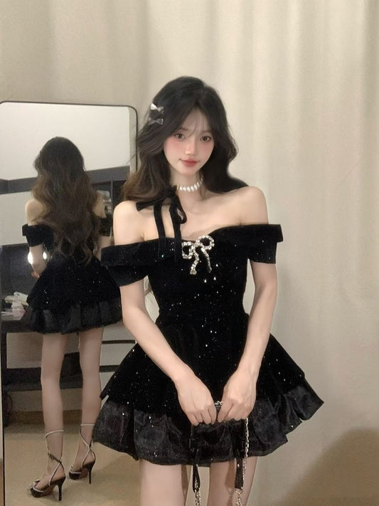 Cute Ball Gown Off The Shoulder Black Sequin Freshman High Shool Grad Short Mini Hoco Outfits Homecoming Dresses RB4413