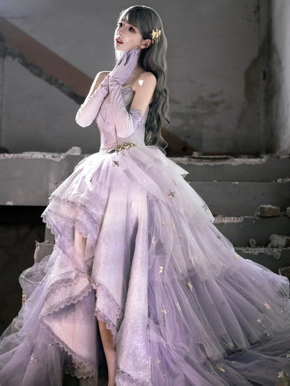 Modest High Low Strapless Purple Satin With Lace Prom Dresses Long Party Dress Grad Formal Evening Dresses AB1959