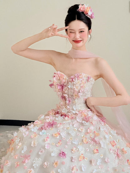Cute Ball Gown Sweetheart Pink Flowers Long Tulle Quinceanera Dress Sweet 15 16 Dresses RA085