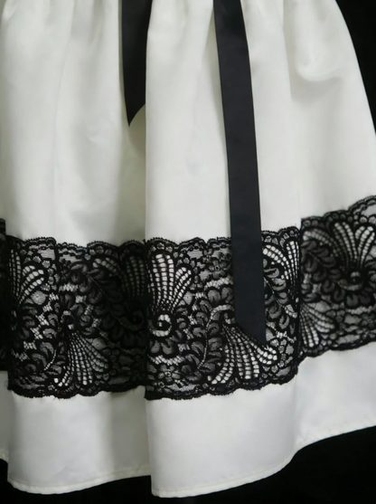 Unique A Line Strapless Ivory Satin With Black Lace Inspo 2000s Hoco Gowns Inspo Homecoming Dresses N1444