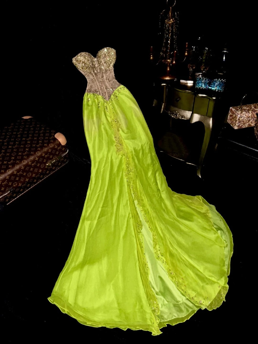 Classy Mermaid Sweetheart Green Chiffon Slit With Beading Long Prom Dresses Formal Outfits Evening Party Dress RB8258