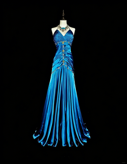 Vintage Prom Dresses Mermaid Halter Blue Satin With Beads Long Formal Dress N2378