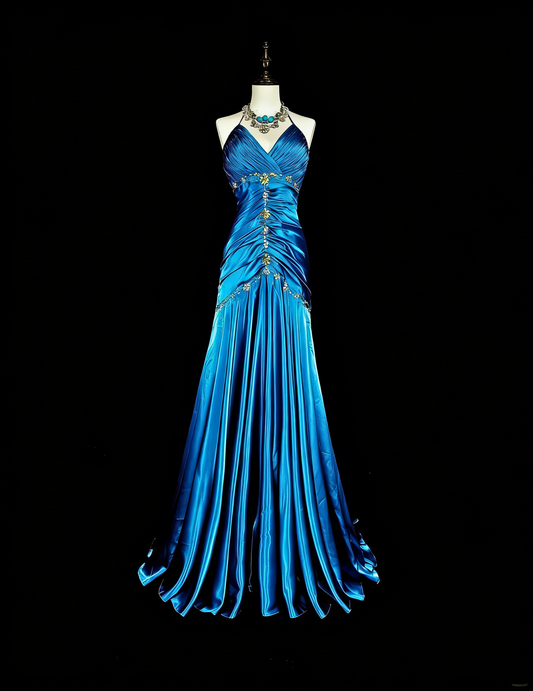 Vintage Prom Dresses Mermaid Halter Blue Satin With Beads Long Formal Dress N2378